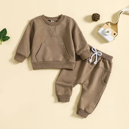 

Qulqfy Winter Outfit for Girls Cotton Brown Long Sleeve Solid Crew Neck Outfit Sets Baby Newborn Outfit 0-6 Months