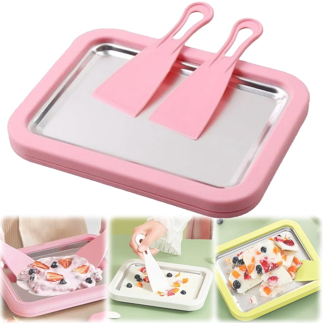 1 Pce Kit de Machine à Crème Glacée Roulée à la Maison, Plateau de Machine à Crème Glacée Roulée avec 2 Spatules, Plateau de Crème Glacée Fait Maison DIY, Machines à Crème Glacée en Acier Inoxydable de Qualité Alimentaire pour Activités Pratiques en Famille (Rose)