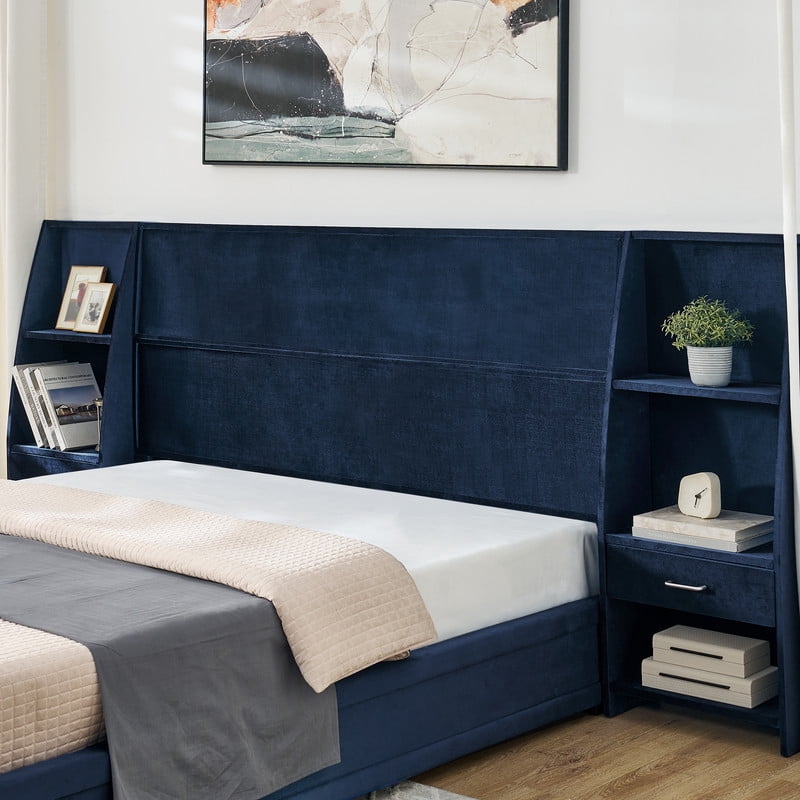 Queen/King Size Modern Upholstered Platform Bed Frame, Velvet Storage Bed with Headboard, Side Bookcases & Drawers Nightstand