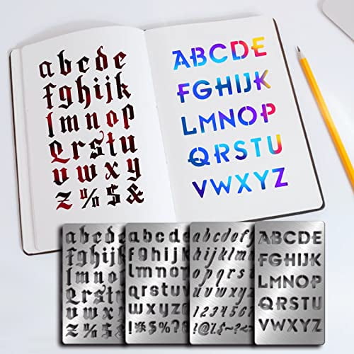 4PCS 4x7 Inch Alphabet Number Metal Stencils 4 Style Steel Stencil Template  for Wood Carving Drawings and Woodburning Engraving and Scrapbooking