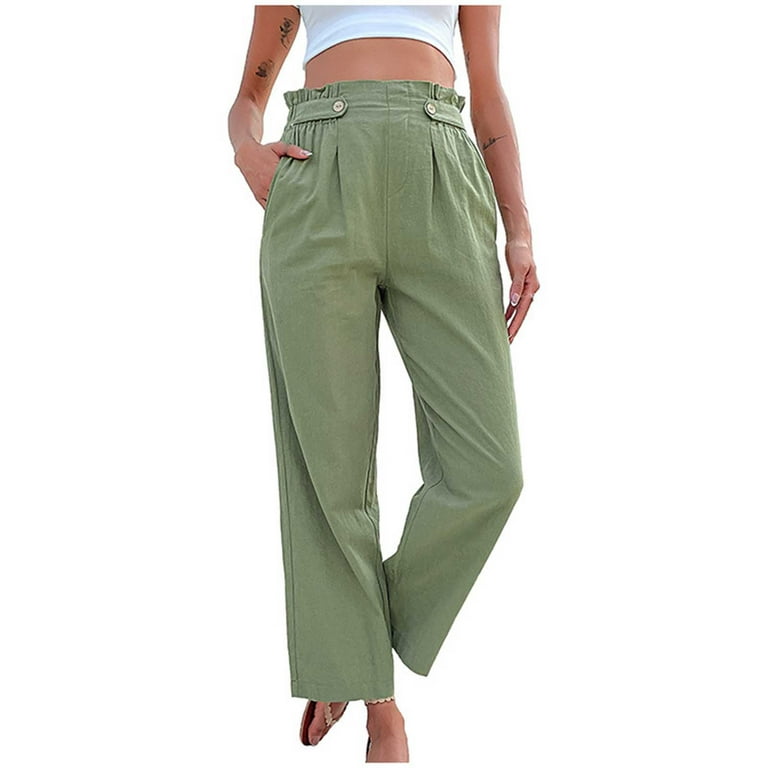 Womens Cotton Linen Wide Leg Pants Summer Fashion High Waisted Palazzo  Pants Baggy Lounge beach Trousers with Pocket