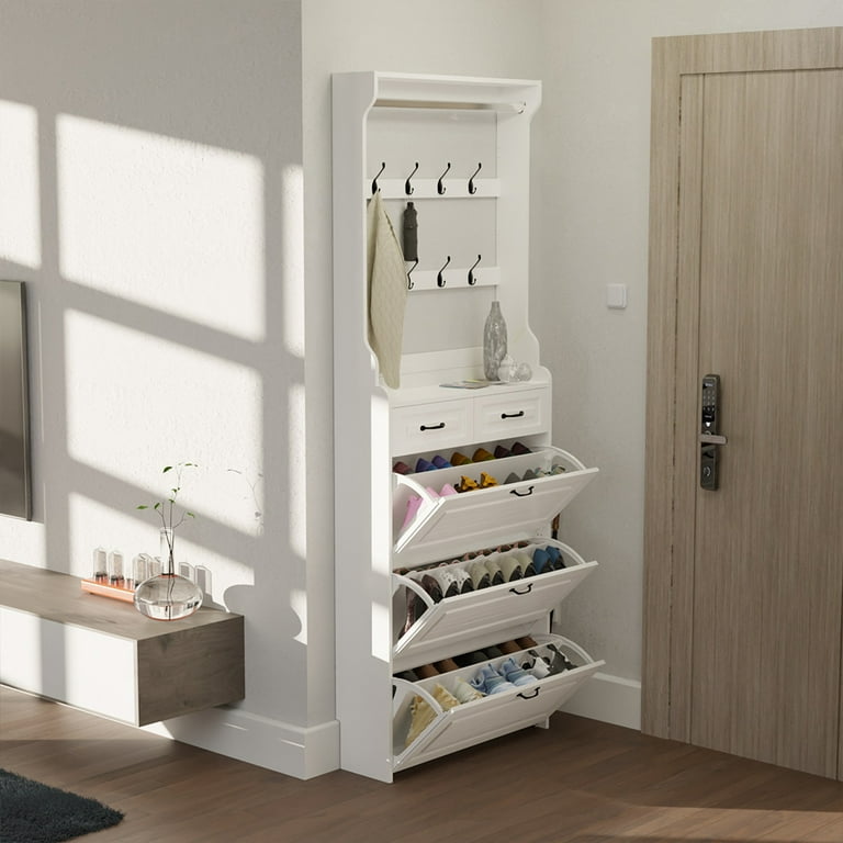 Shoe Cabinet with Flip Doors, Drawers and Hooks, Tall Shoe