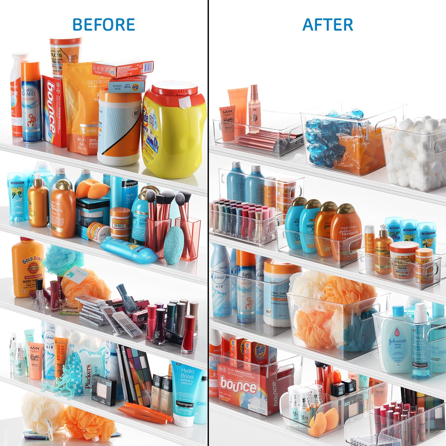 EatEx 2 Pack Clear Plastic Storage Organizer Bin with Handles for Cosmetics, 10" x 6" x 4"