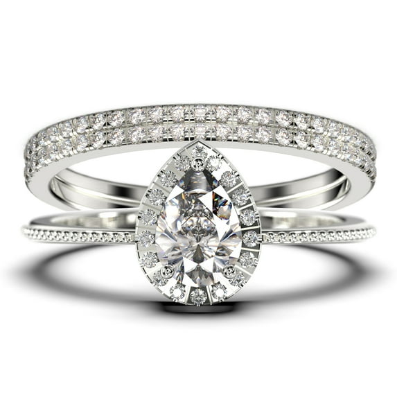 Art deco 2.00 Carat Vintage Pear Cut Diamond Moissanite Engagement Ring Set, Wedding Ring in 10k Solid White Gold, Gift For Her Promise Ring Trio set