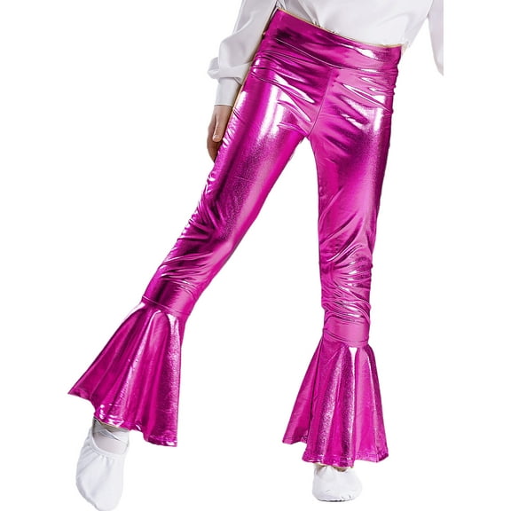 TSSOE Kids Girls Shiny Metallic High Waisted Flare Pants Bell Bottom Leggings Hip Hop Jazz Disco Dance Trousers Hot Pink 14