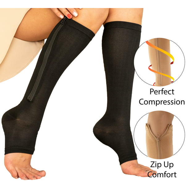 Zipper Compression Socks - Open Toe Knee High Graduated Pressure ...