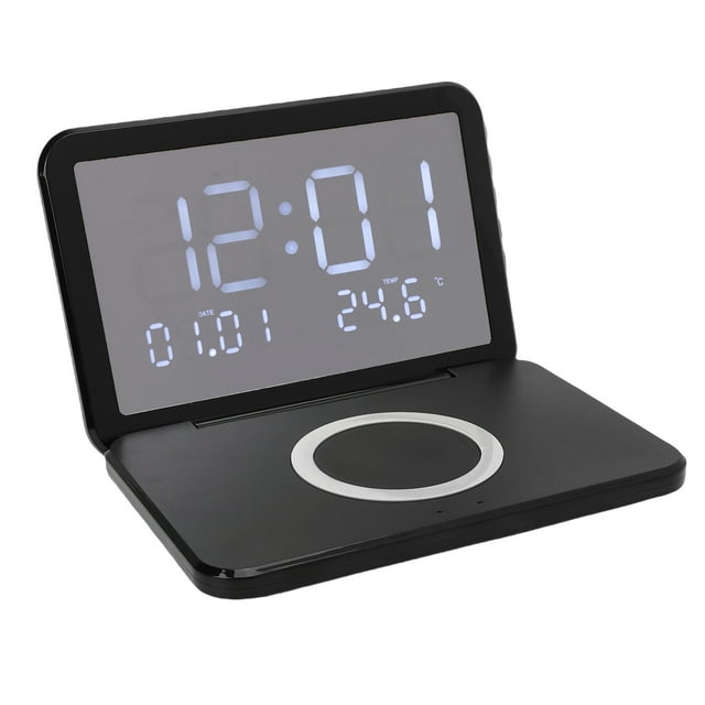 Despertador Digital Con Carga Inalámbrica, RelOJ Electónónico de Espejo liderado con Cubierta de Volteo, Carga ráspida de 15 W, Brillo Ajustable, Para Dormitorio