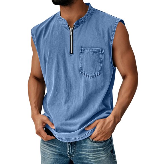 Denim Tank Tops Men Acid Wash Sleeveless Shirt Quarter Zip Muscle Gym Workout Running Beach Summer Vintage Tank Tops, 2XL