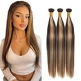 thumbnail image 1 of Paquetes de cabello humano liso P4/27, 28, 30, 32 pulgadas, tejido 3 paquetes de 10 A, cabello virgen brasileño sin procesar, paquetes lisos, castaño, 50 gramos/paquete, 1 of 9