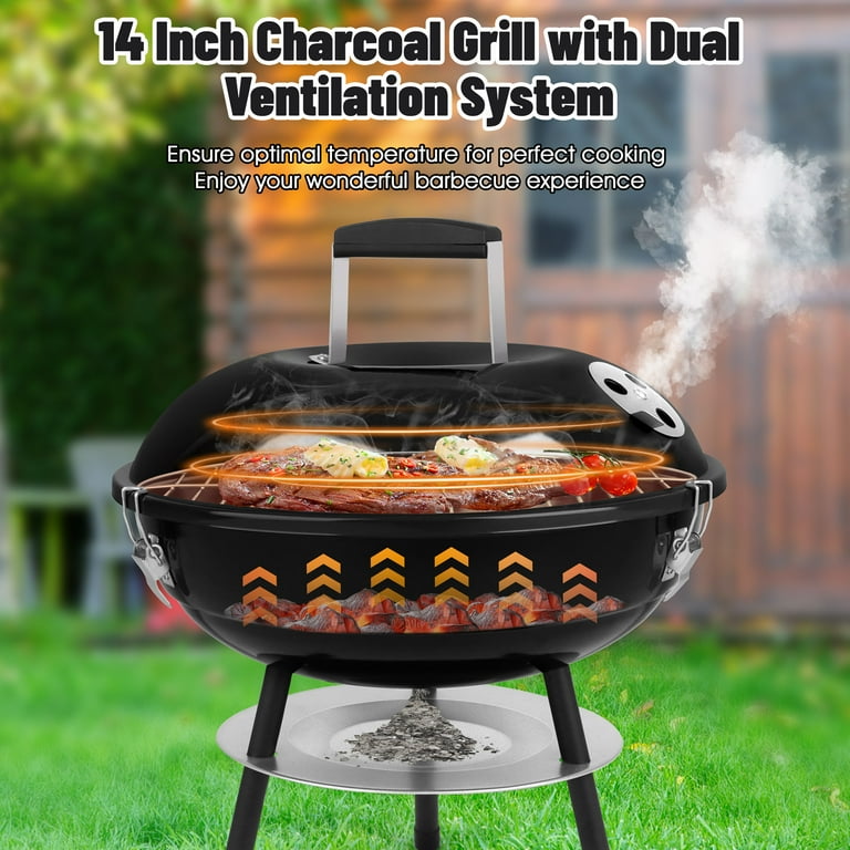 Walchoice 14 inch Portable Charcoal Grill with Black Lid Small BBQ Grill for Outdoor Cooking Backyard Barbecue Party Camping Dual Ventilation
