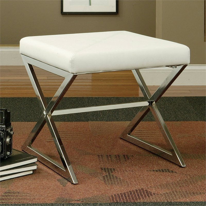 White Tufted Leatherette Swivel Ottoman with Chrome Base by Coaster 500554 