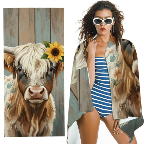 RKSupls Lovely Brown Highland Cow Quick Dry Sand-Free Large Pool Beach Towel
, Ultra-Soft Microfiber for Bathroom, beach, Soft Super Absorbent- 30x60 in