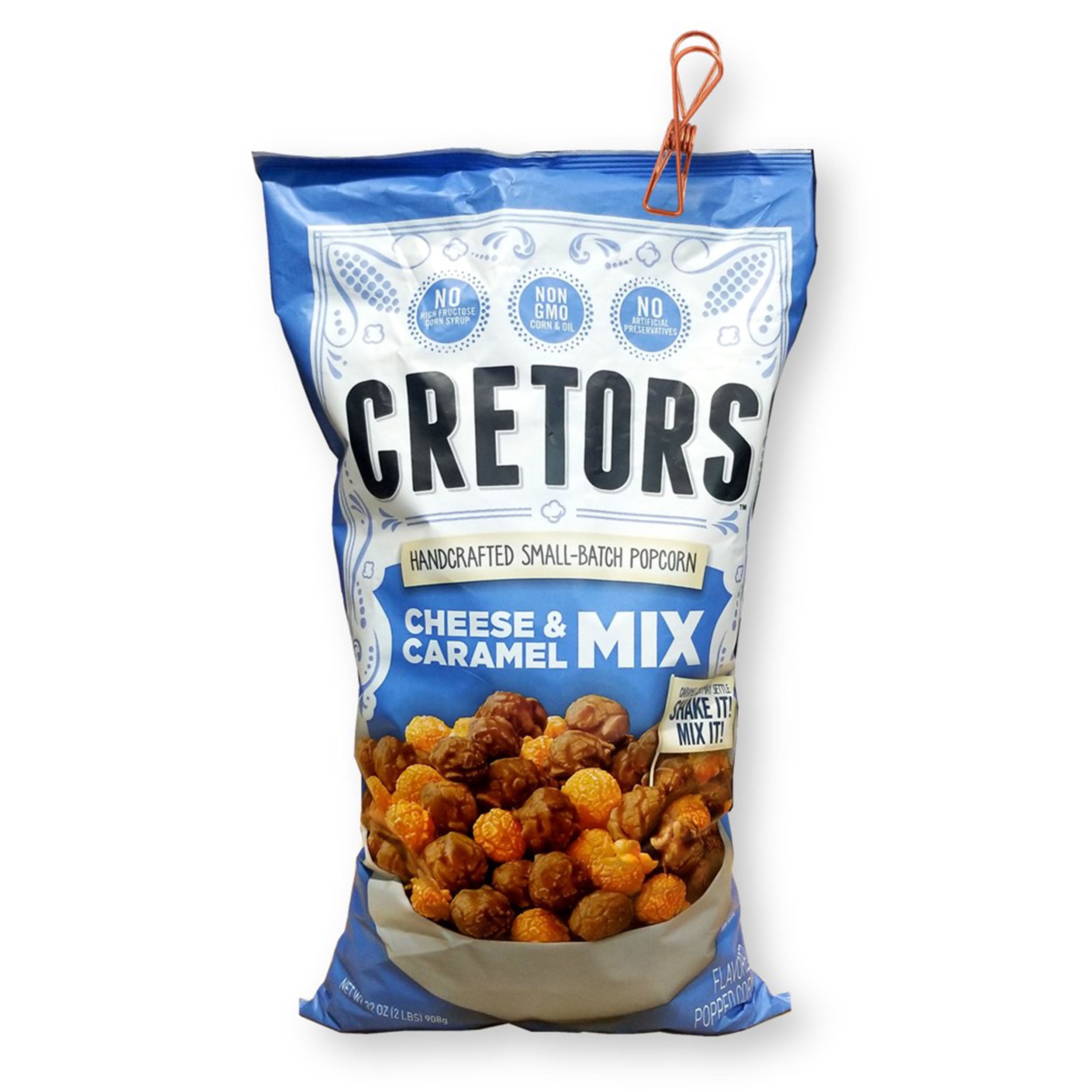 Cretors Cheese & Caramel Mix Popcorn Handcrafted Small-Batch Jumbo Bag 32 Oz. (2 lbs) with 1 Vintage Metallic Wire Bag Clip
