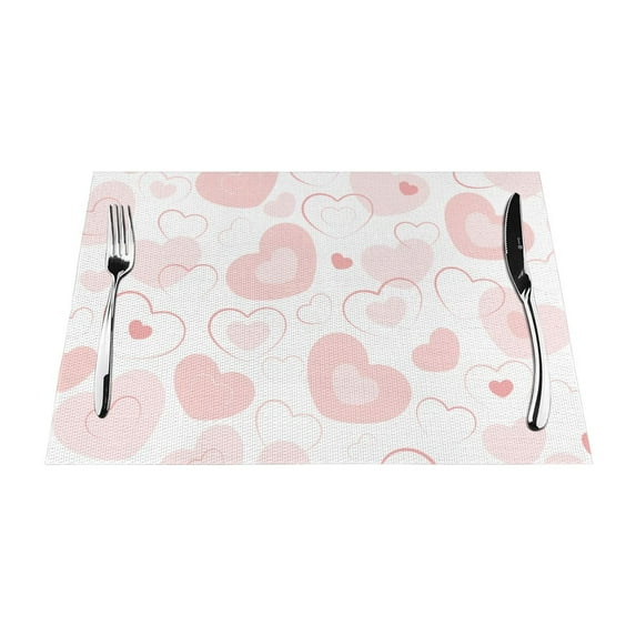 YFYANG Washable Heat-Resistant Placemats, 70% PVC/30% Polyester, Pink Romantic Love Kitchen Table Mat, 12" x 18" 6 Piece