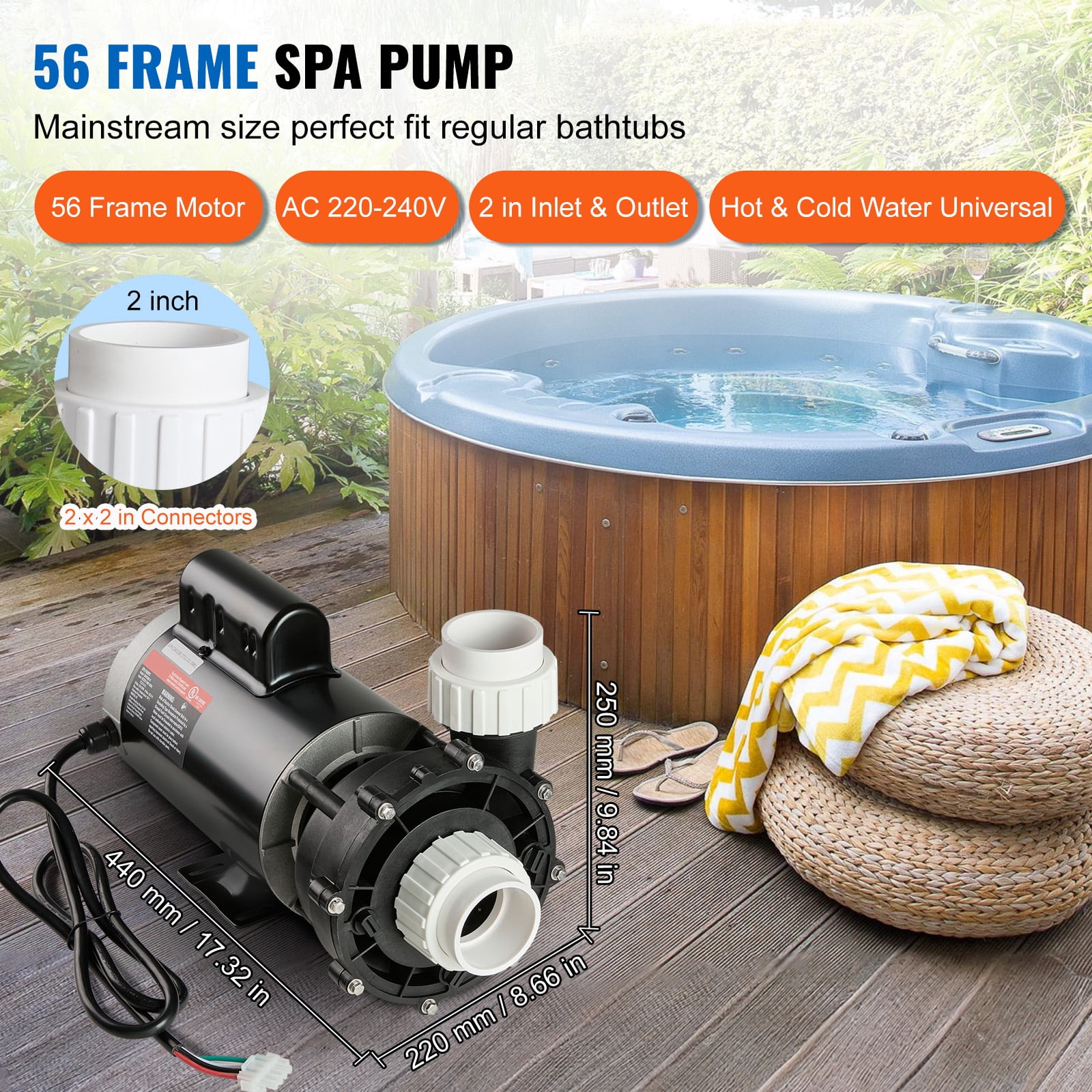 KFFKFF Dual Speed SPA Pump, 56-Frame, AC 220-240V Hot Tub SPA Pump, 4HP/210GPM/65.61ft High Speed or 0.7HP/103GPM/16.07ft Low Speed, 2" Port 90° Rotational Interface for Hot Tub