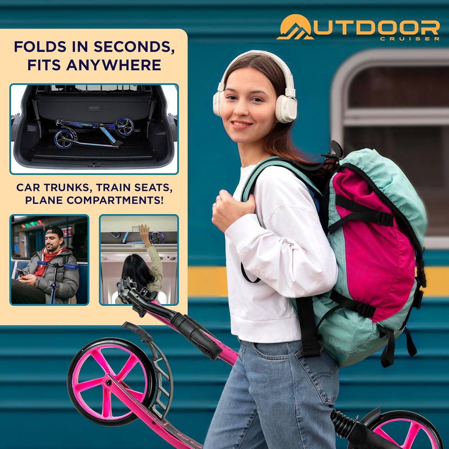 OutdoorCruiser Kick Scooter for Ages 6+, Kids, Teens & Adults, Foldable, Dual Suspension, 3-Level Adjustable Handlebar, Child Safety Approved, Pink