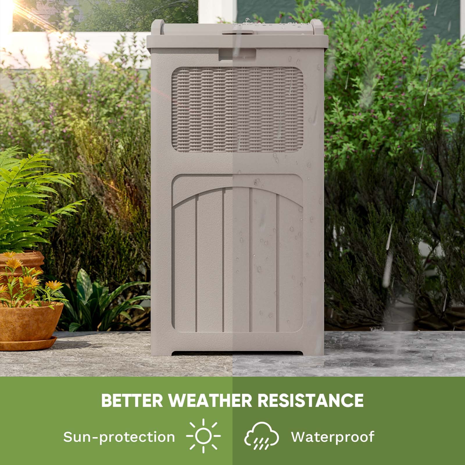 Patiowell 36 Gallon Hideaway Can Resin  Trash with Latch for Backyard, Deck, or Patio,Light Brown