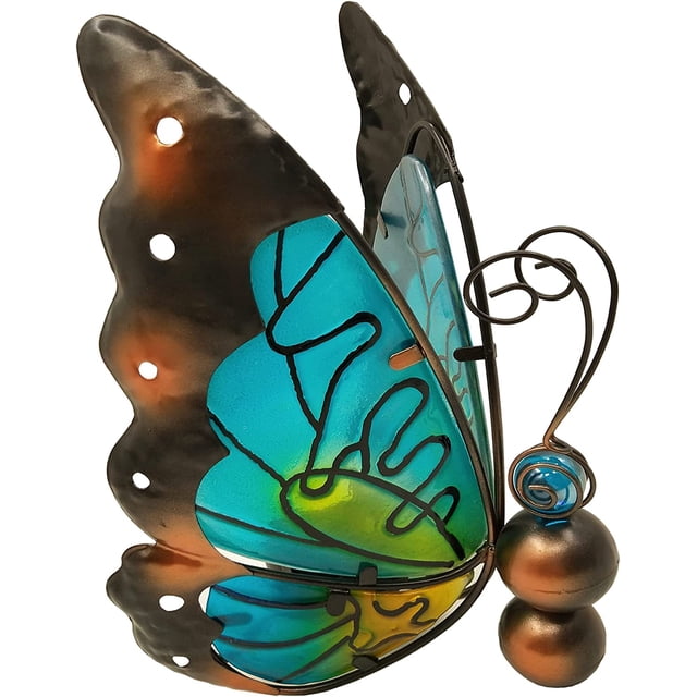 Decoración de mariposa de metal de vidrio con vela LED solar, adorno de mariposa para interiores y exteriores, decoración de computadora para hogares, patios, jardín (azul)