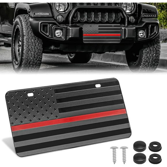 shiyou-Car License Plate Bracket Frame American Flag Decorative, American Flag License Plate, Custom Novelty Vintage Aluminum Metal 3D License Plate Tag Patriotic Embossed License Plate (Red)