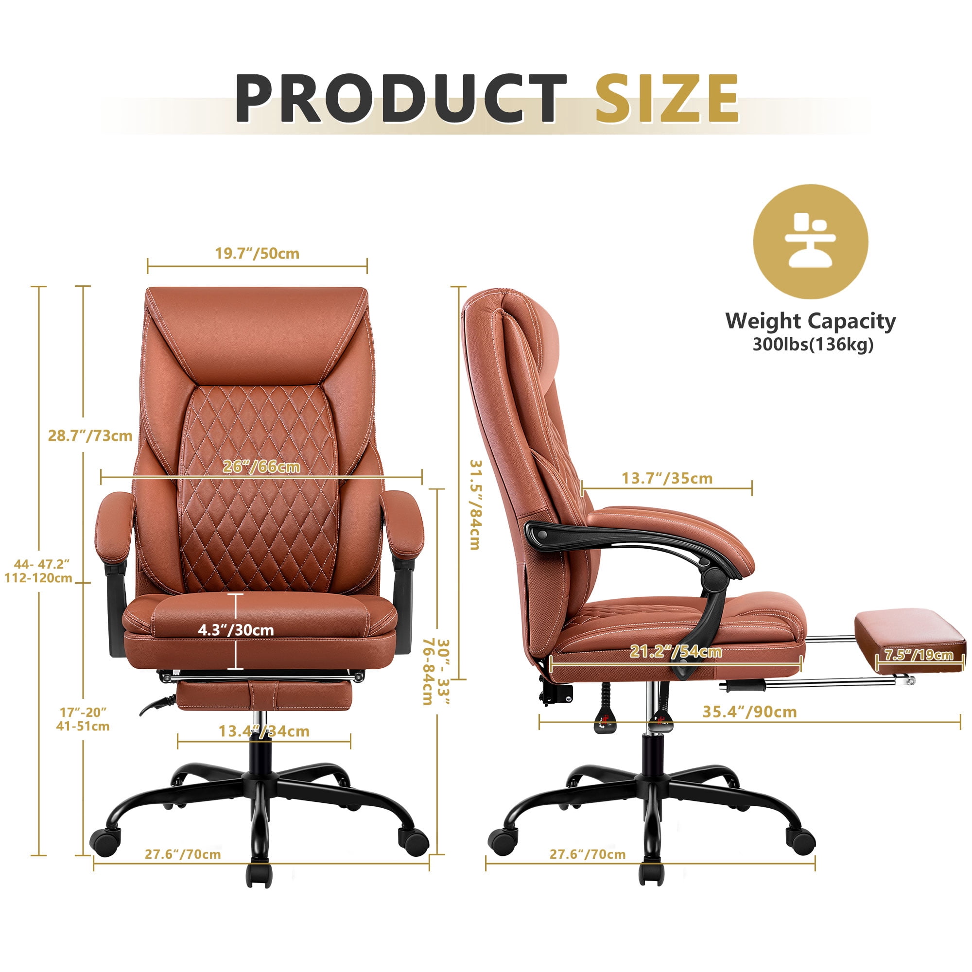 Primy Office Chair with Retractable Footrest, Ergonomic High Back Executive Computer Desk Chair, Big & Tall PU Leather Reclining Chair for Home Office Work