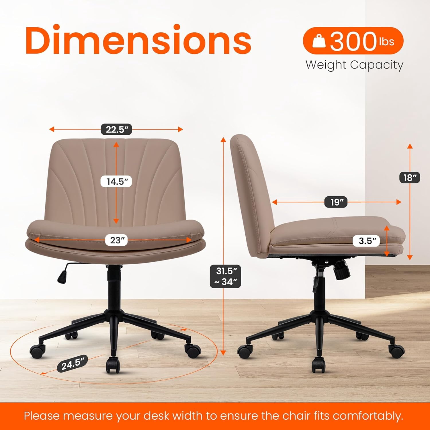 Orange Factory Criss Cross Chair with Wheels Comfy Wide Vanity Desk Chair Dual Base Leather Armless Adjustable Swivel for Home Computer Task (Brown Pu, Faux Leather)