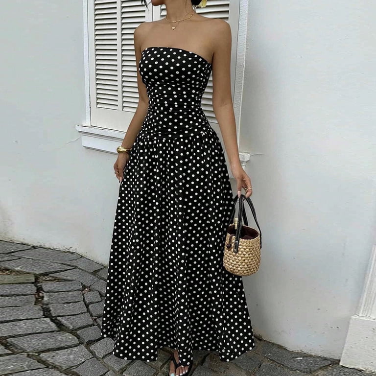 LISTHA Summer Dresses for Womens Strapless Floral Tube Maxi Dress Knot Ruffle Boho Beach Vacation Wedding Guest Long Sun Dresses Black M, Women's,