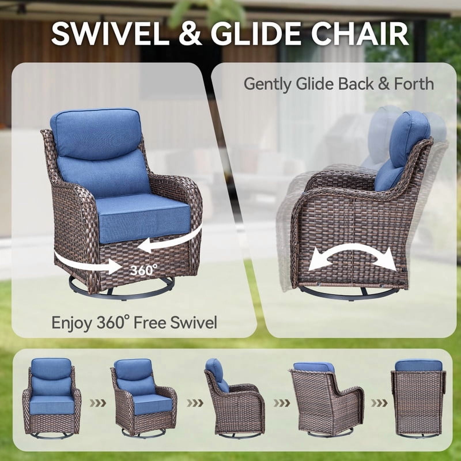 PARKWELL 4 Piece Outdoor Patio Furniture Set,All-Weather High Back Conversation Set with Luxury 6-Inch Thick Cushions,Swivel Glider Chair,5-Seat Furniture Sets for Garden, Deck, Backyard,Brown/Navy