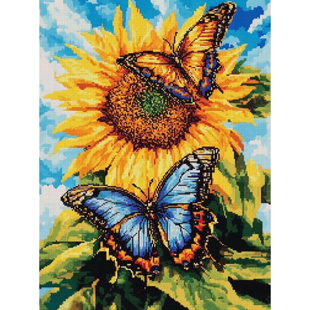 DIY Cross Stitch Kit for Beginners Two Butterflies on Sunflower 11CT Embroidery Kit with Pattern Stamped Needlepoint Craft Kit for Home Decor 40x50cm-11