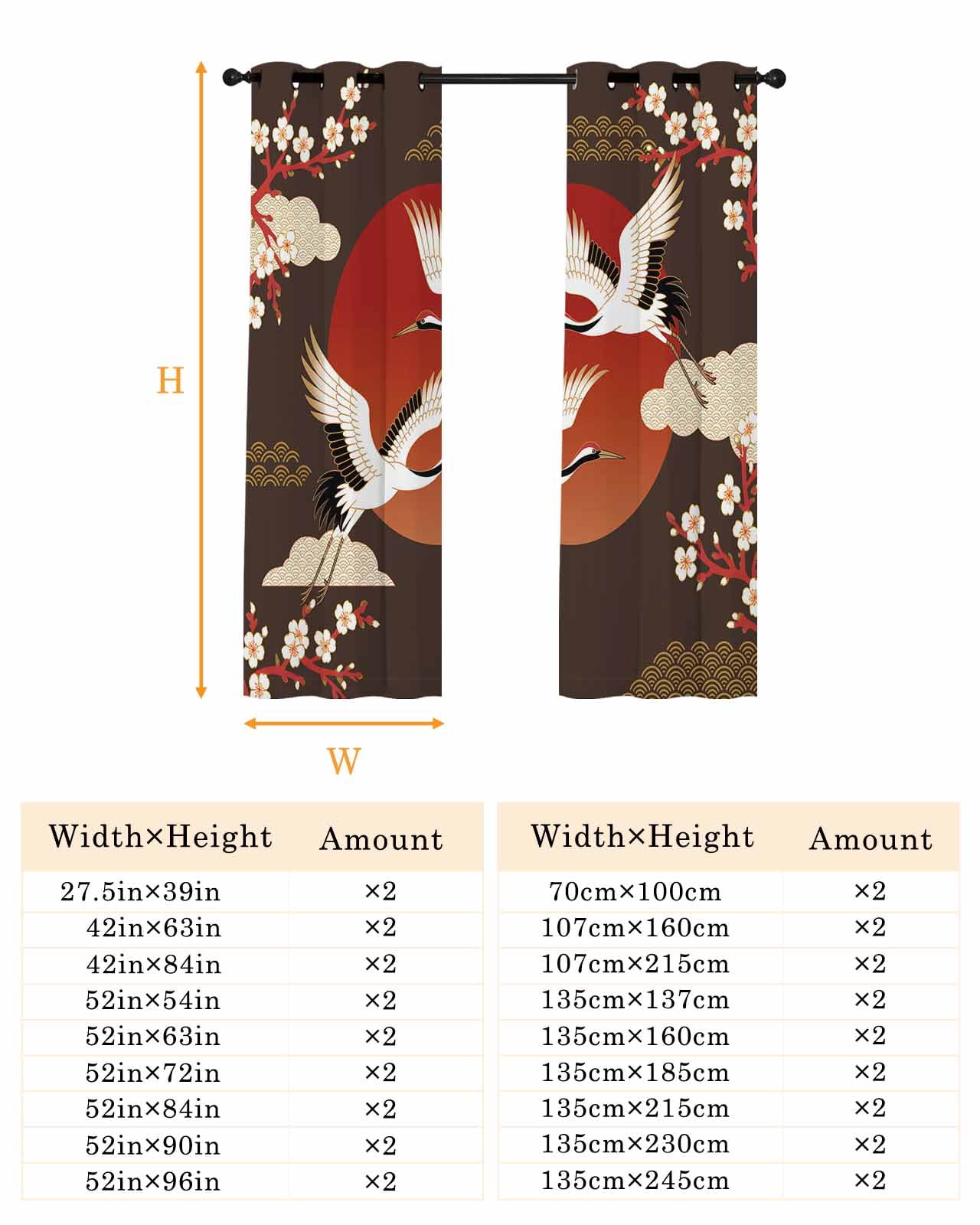 Japanese Style Blackout Curtains for Bedroom/Living Room, Thermal Insulated Kitchen Curtains, Modern Cranes Cherry Flower Wave Brown Grommet Darkening Window Treatment Drapes 52"x72"x2