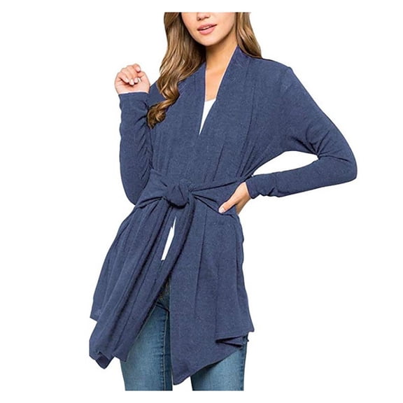 Lindreshi Cardigan Sweaters for Women Women's Solid Color Long Sleeve Irregular Hem Tie The Waist Cardigan Top