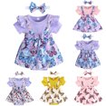 thumbnail image 4 of Baby Bubble Romper Short Sleeve Butterfly Prints Ribbed Romper Bodysuits Dress Headbands Set Onesies Pink 6 Months-9 Months, 4 of 4