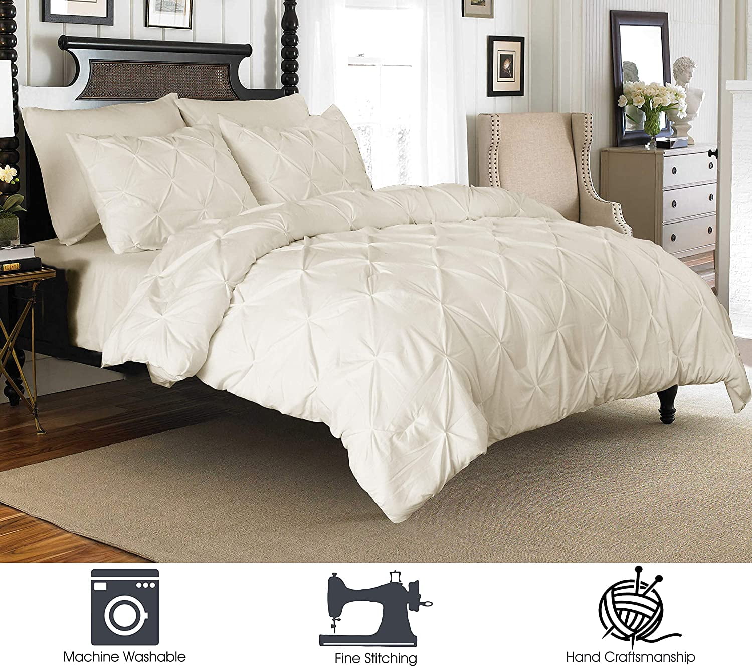 3-Piece Duvet Cover with Matching Sham, Pinch Pleat Design, All Season Suitable Comforter Cover, King/California King, Beige-Cream