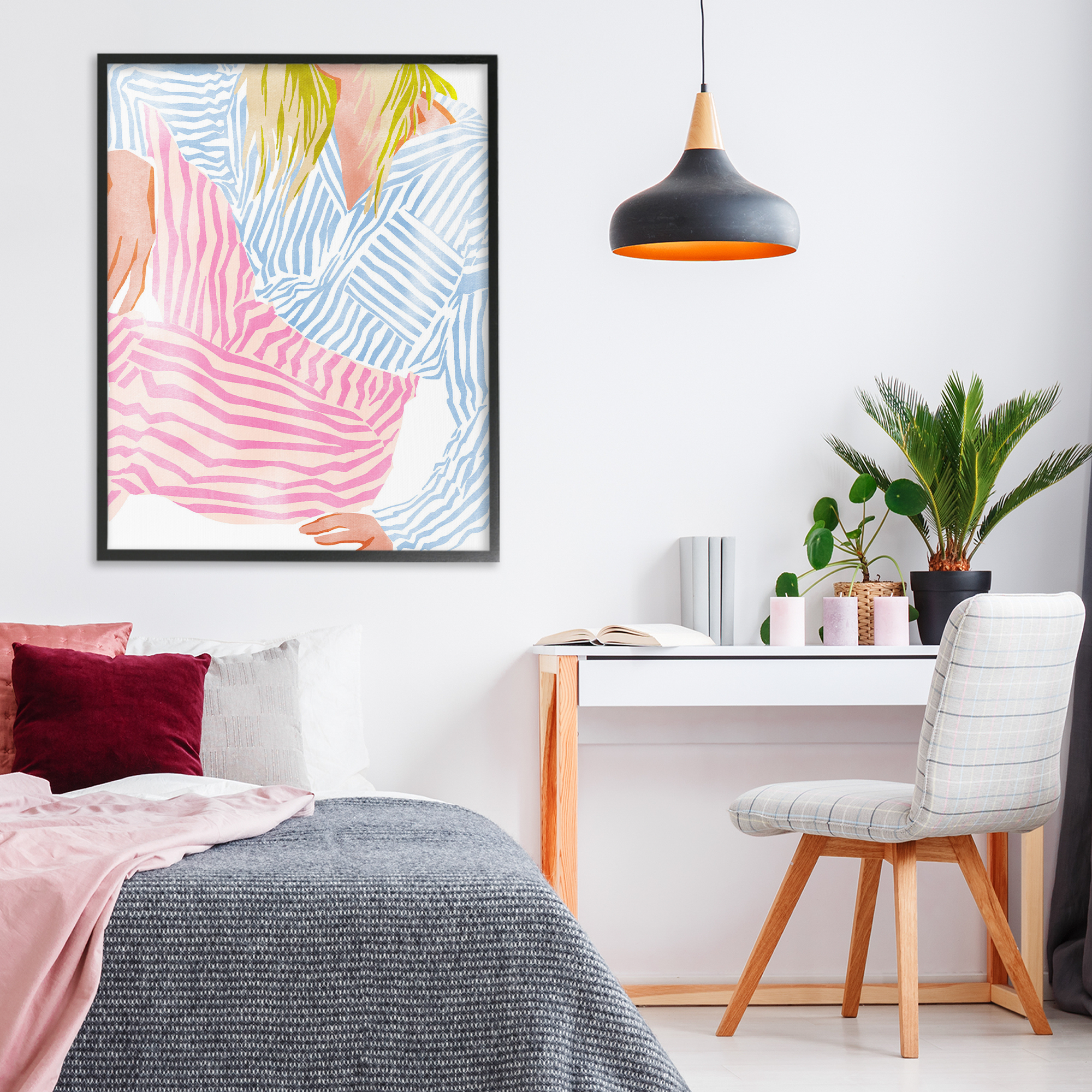 Female in Pastel Stripes Black Framed Giclee Art, design by Ziwei Li