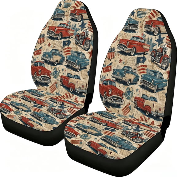 Taplevy Vintage Motor Collage Car Seat Covers, 2-Piece Front Protectors, Lightweight Mesh Fabric Universal Fit for Trucks Vans Suvs