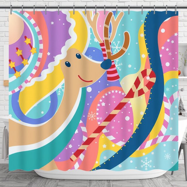 Rideau de Douche Joyeux Noël avec Renne Souriant et Design Coloré