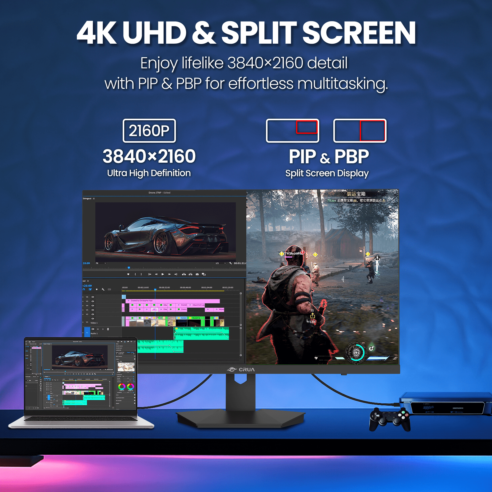 CRUA 27" 160Hz Gaming Monitor, IPS UHD(3840x2160P), 120% SRGB, Support FreeSync, Height adjustable, Lighting effects, Built-in Speakers, HDMI & DP, Black