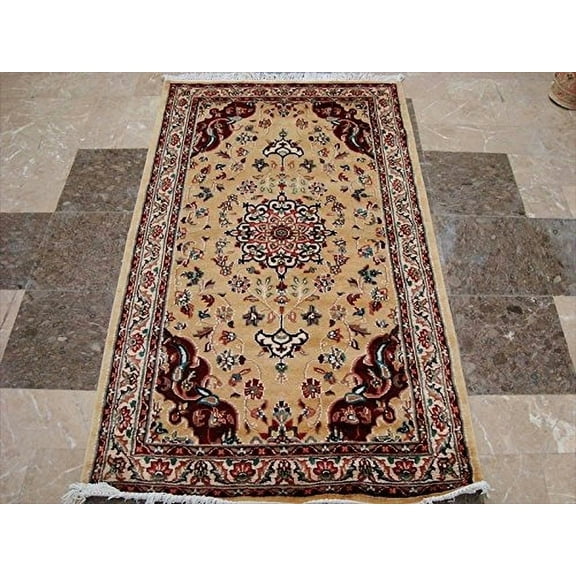Ahmedani Linen Cream Floral Medallion Rectangle Home Decor Area Rug Hand Knotted Wool Silk Indoor Carpet (5 x 3) Foot
