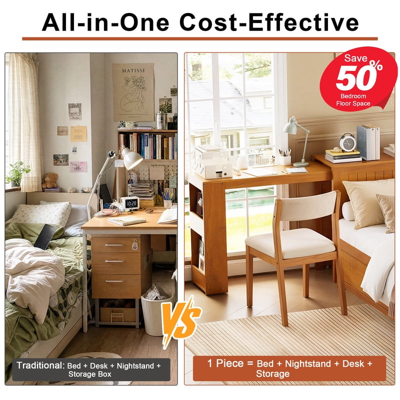 Twin Size Platform Bed with Pull-Out Hidden Desk, Wood Storage Bed Frame with Headboard Shelving & Footboard Drawer