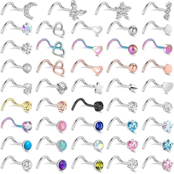 44 Pcs Hypoallergenic Nose Ring Studs Set | Surgical Steel Moon Star Heart Designs | Multipack Body Jewelry for Women Men Daily & Party