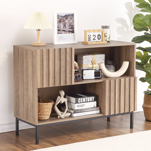Ataucjin 39.4" Wave Pattern Buffet Cabinet, Semi-Open Sideboard with Metal Legs,  Wood Sofa Table Accent Cabinet, Console Table for Living Room, Dining Room, Entryway Storage
