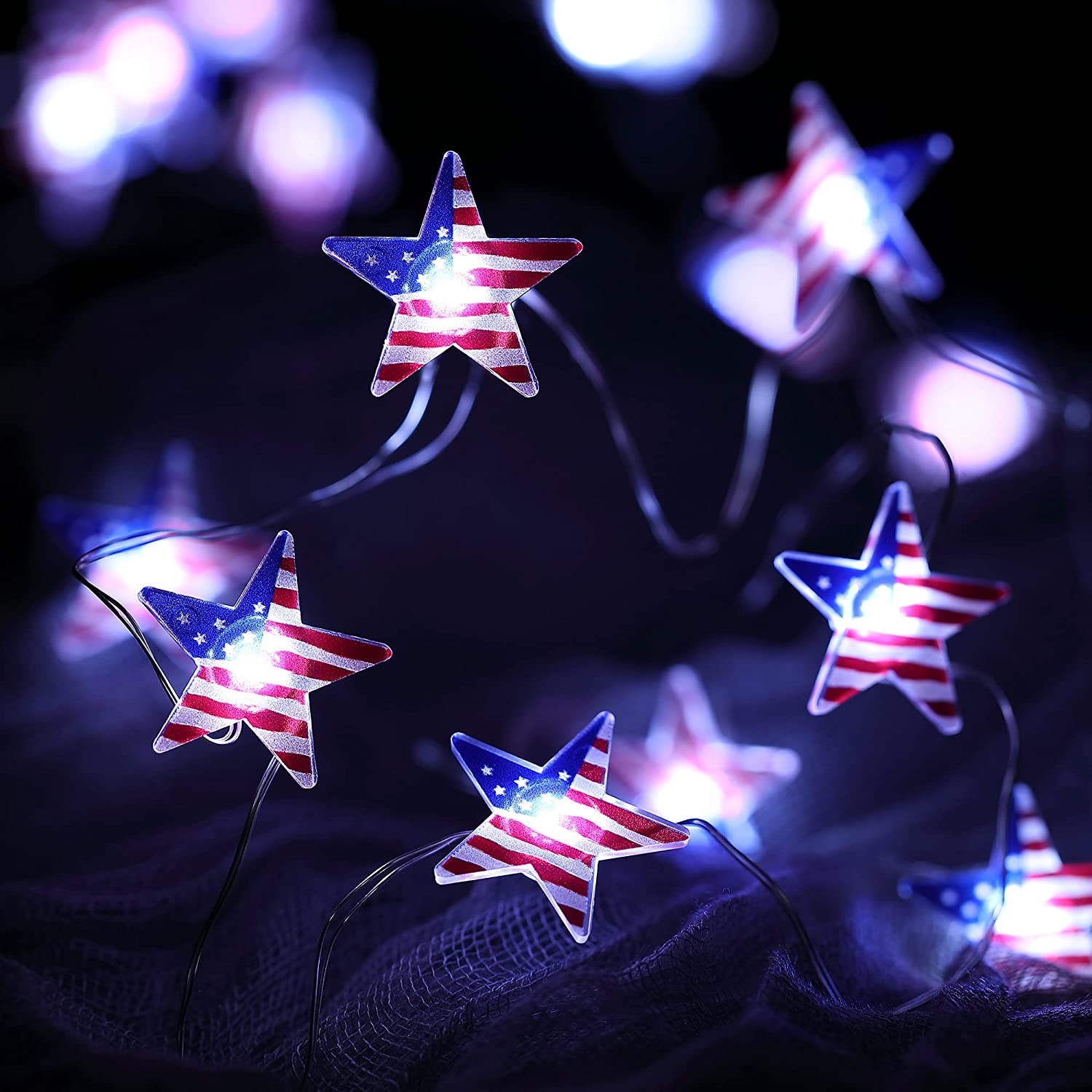 Patriotic Star Flag String Light - July 4th Decorations - 8 Modes Red White and Blue Star String 
