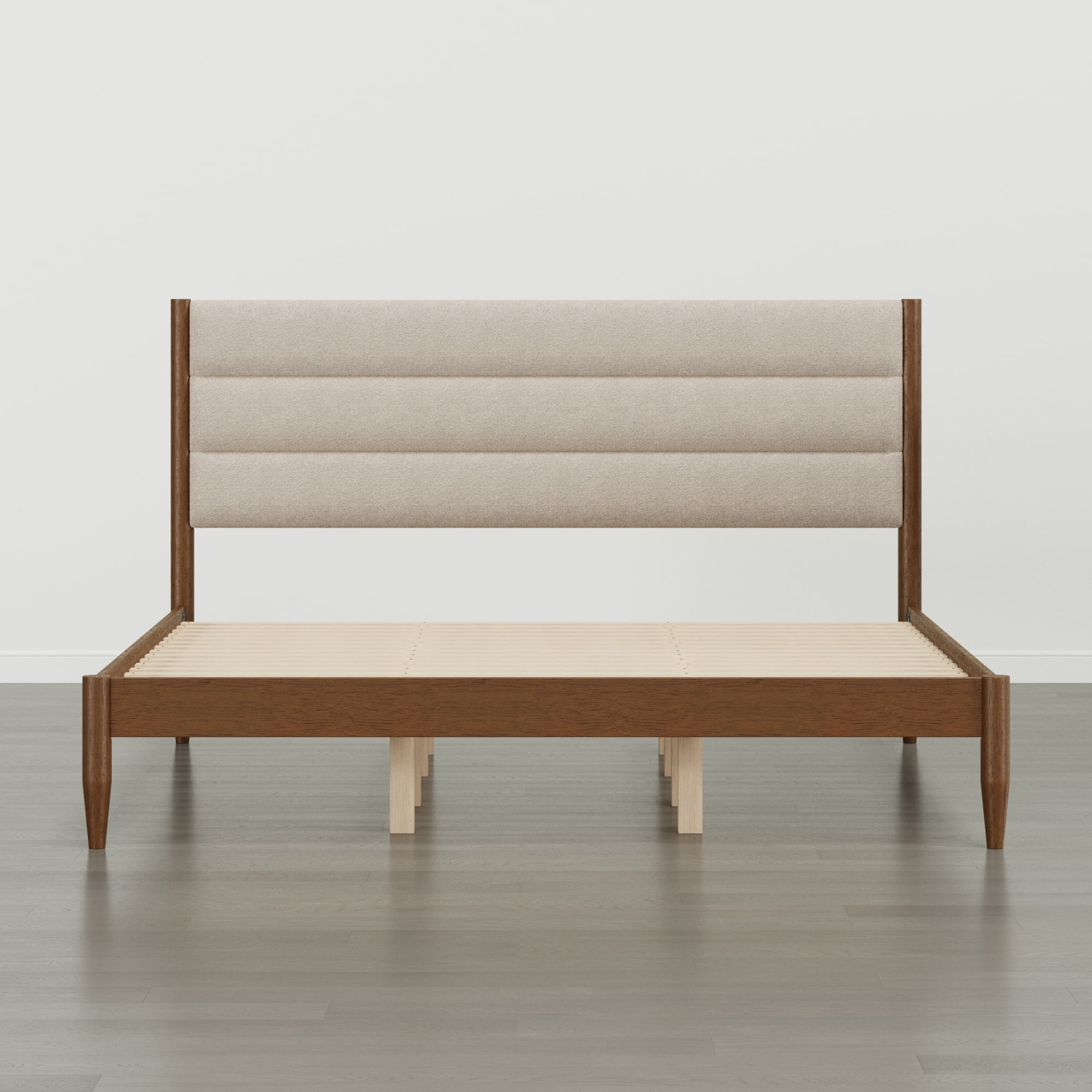 Spruce & Spring Farmhouse King Upholstered Bed Frame, Solid Rubberwood Frame, Oatmeal Boucle Headboard, Noise-Free, No Box Spring Required, Walnut & Oat