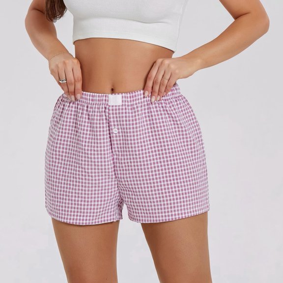 Shorts For Women Casual Checkered Print Shorts with Button-Down Front Loungewear Pajama Shorts