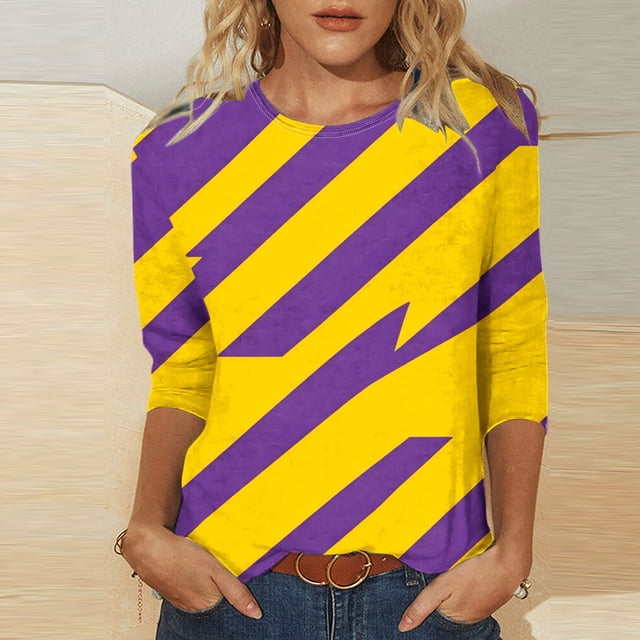 UPPADA Femmes T-Shirts à Manches 3/4 Mardi Gras Yall T-Shirts à Imprimé Floral Col Ras du Cou Blouse à devant Plissé Hauts d'Été Décontractés Chandail à Enfiler Haut Mode Fête Défilé Hauts Hauts à Manches 3/4 pour Femmes Liquidation