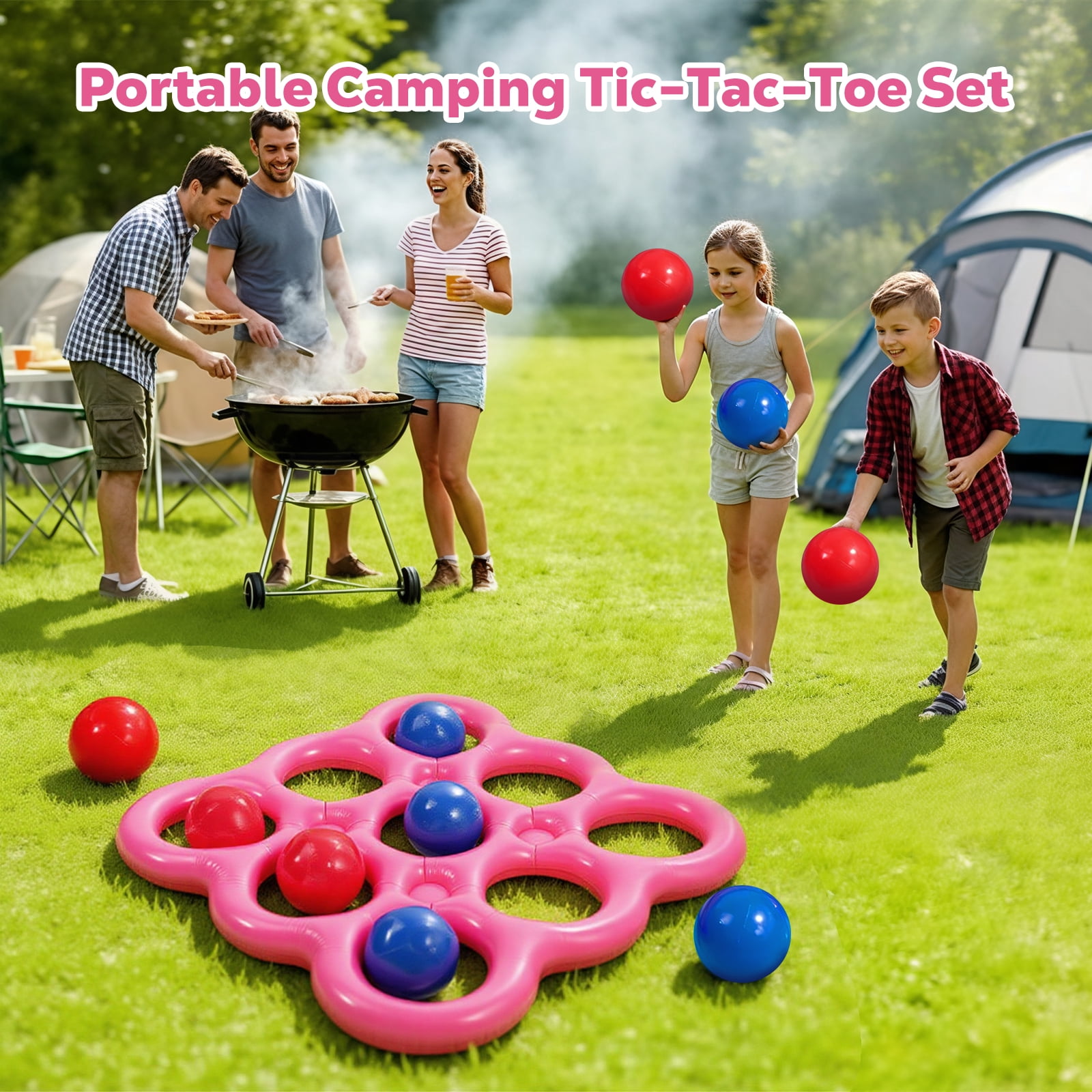 MoKo Pool Toys Games Set Tic-Tac-Toe Inflatable Pool Toy with 10 Balls - for Adults Teens Kids 2-10 Players, Magenta