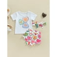 thumbnail image 2 of Seyurigaoka Baby Girl Summer Clothes Set Short Sleeve Round Neck T-Shirt + Colorful Letter Heart Print Shorts + Headband for 0-24 Months Toddler Kids, 2 of 8