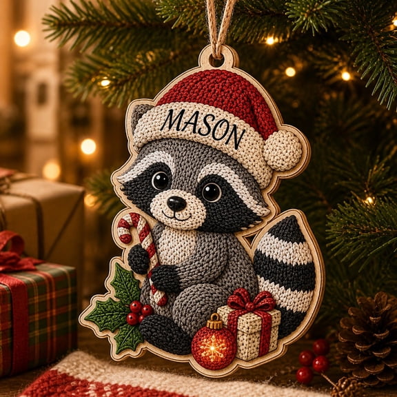 2-Layer Wooden Ornament Raccoon Santa Hat Popcorn Stitch Wood Christmas Tree Hanging for Crochet Lovers