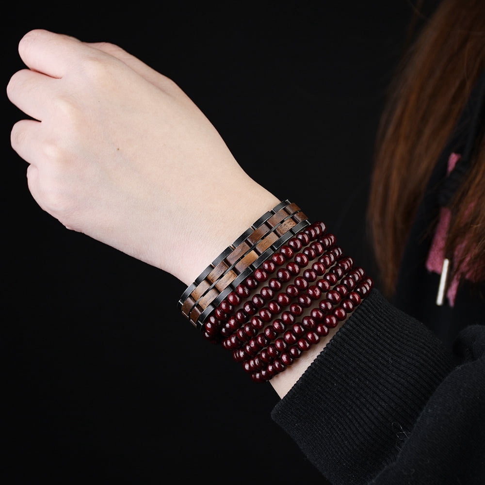Wollet Mens Wooden Bracelet Stylish Wood & Stainless Steel Wooden Jewelry Gift for Men