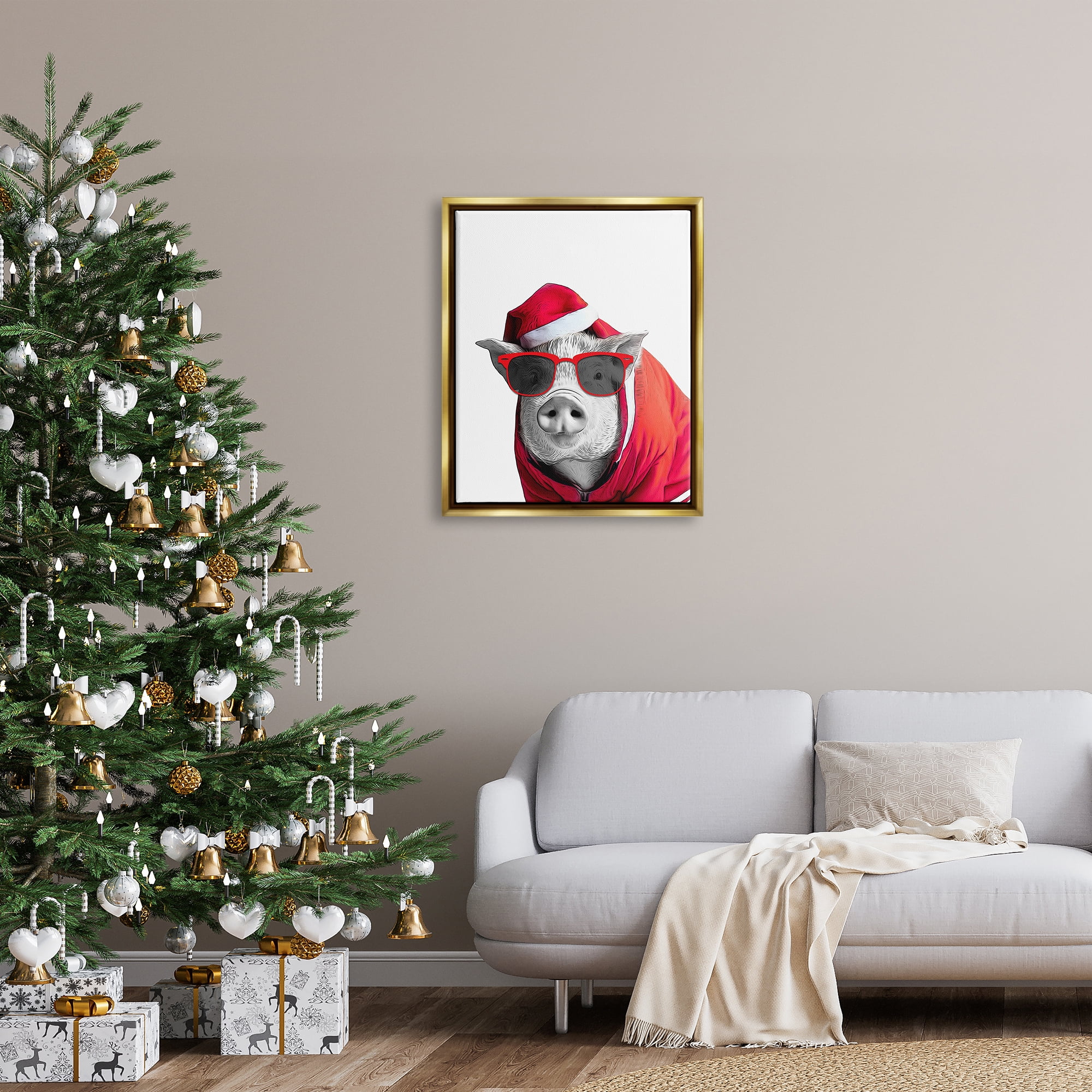 Stupell Industries Pig in Holiday Clothes Holiday Painting Gold Floater Framed Canvas Art Print Wall Art, 25 x 31