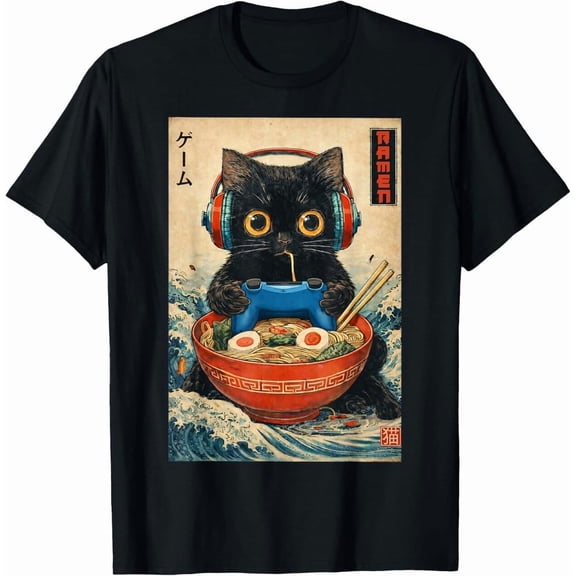 Retro Cat Ramen Japanese Funny Graphic Tees Kawaii Cat Unisex T-Shirt-100% Cotton